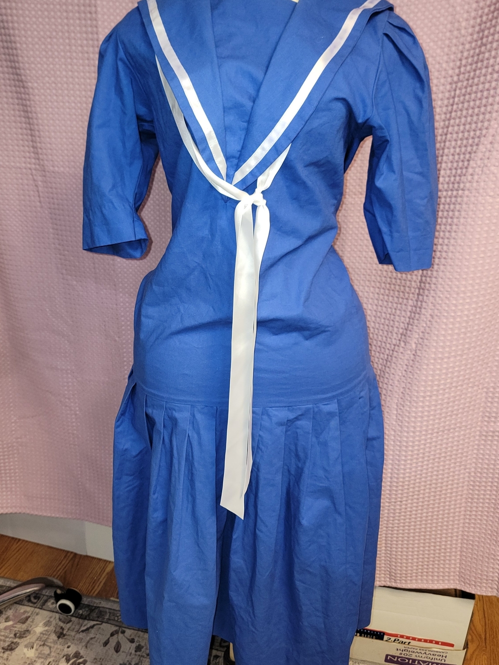 Vintage 80s Laura Ashley Sailor Dress US 6 Blue White Nautical Cotton Made UK